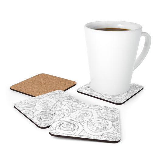 White Rose Corkwood Coaster Set Valentines Day Anniversary Gift for Her Floral Lover Coasters