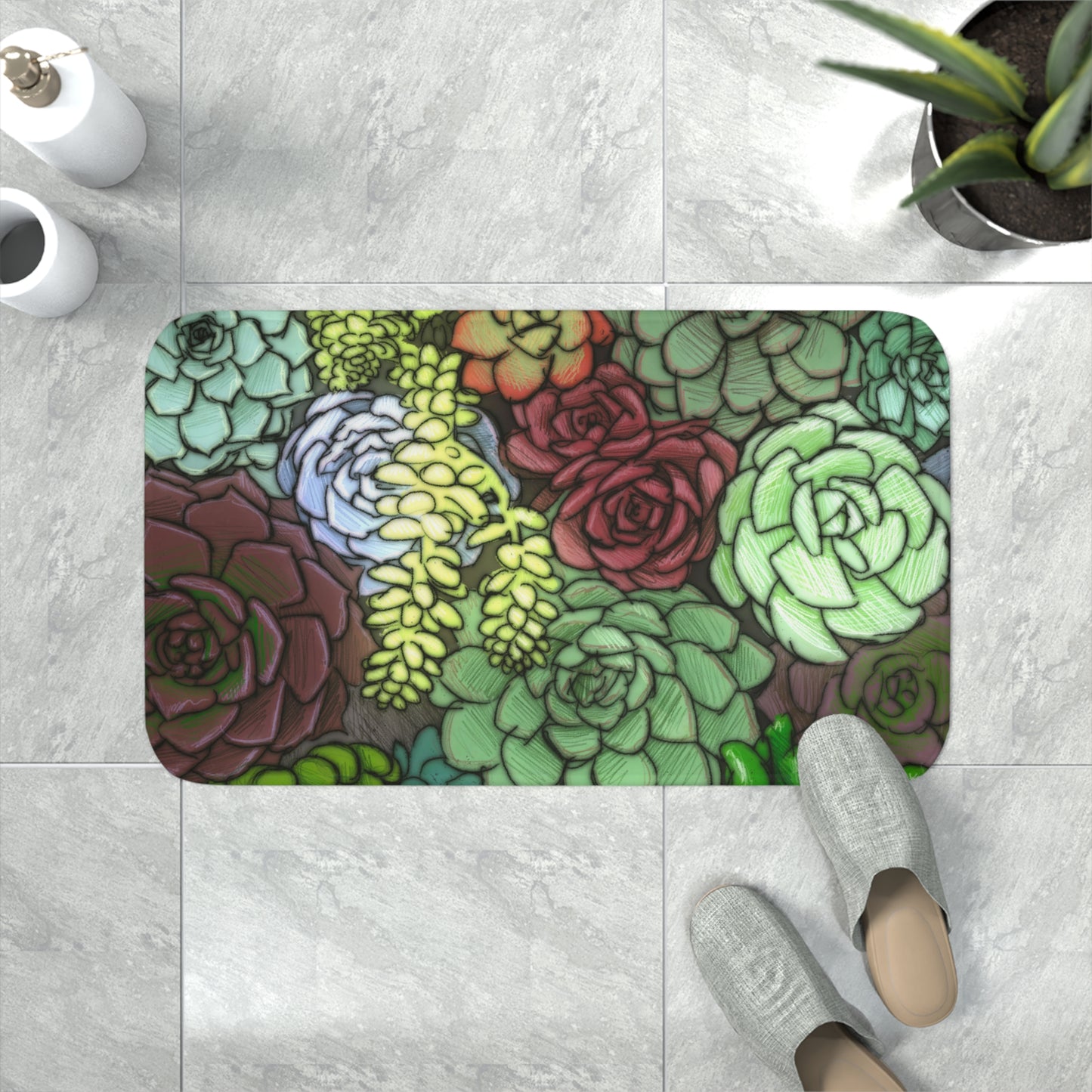 Succulent Memory Foam Bath Mat Indoor Plant Lover Houseplant Gardening Gift Idea Green Kitchen Throw Mat