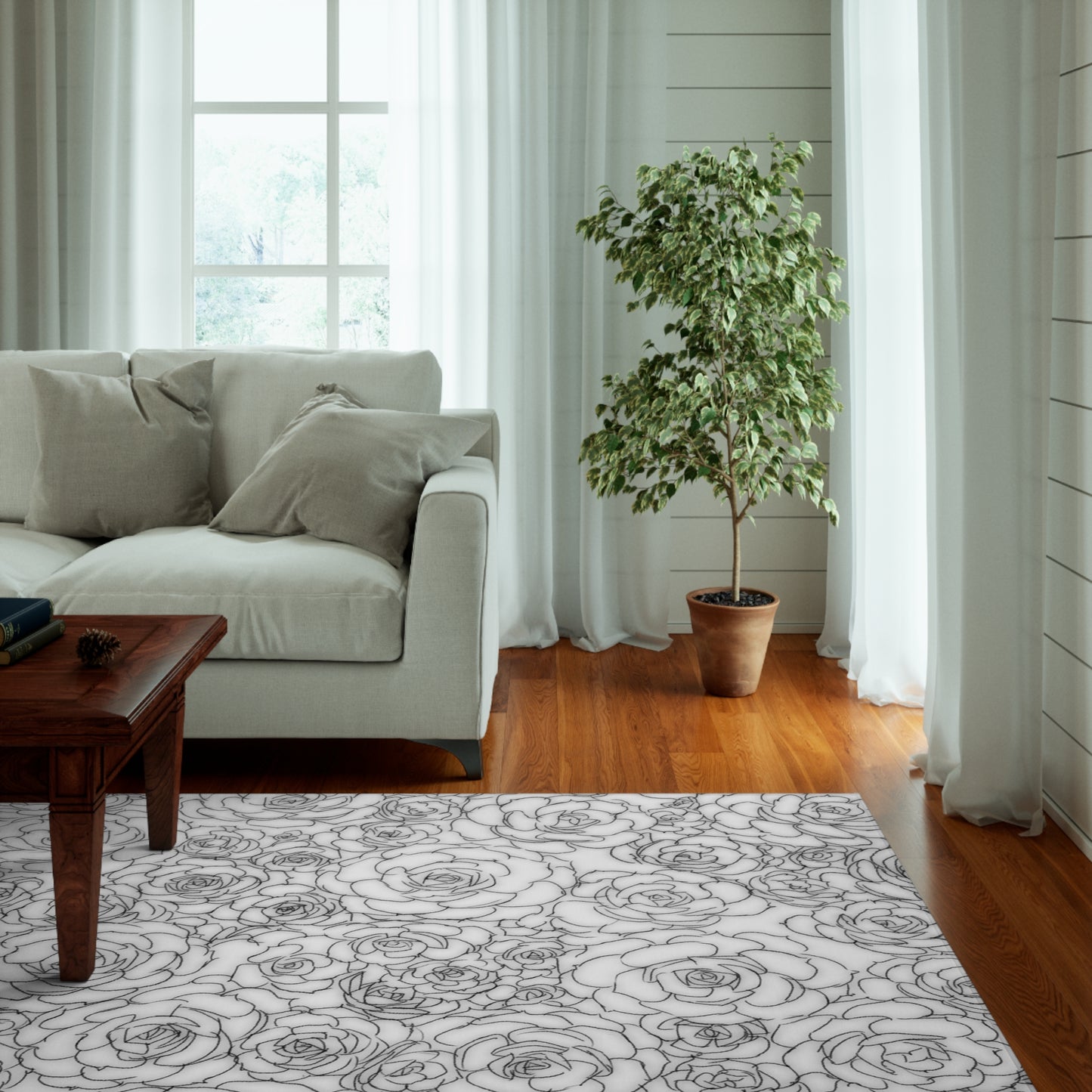 White Succulent Pattern Dornier Rug