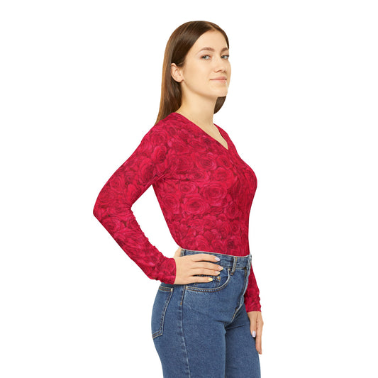 Rose Women's Long Sleeve V-neck Shirt (AOP)