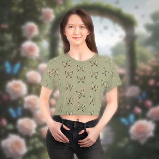 Butterfly Khaki Crop Tee