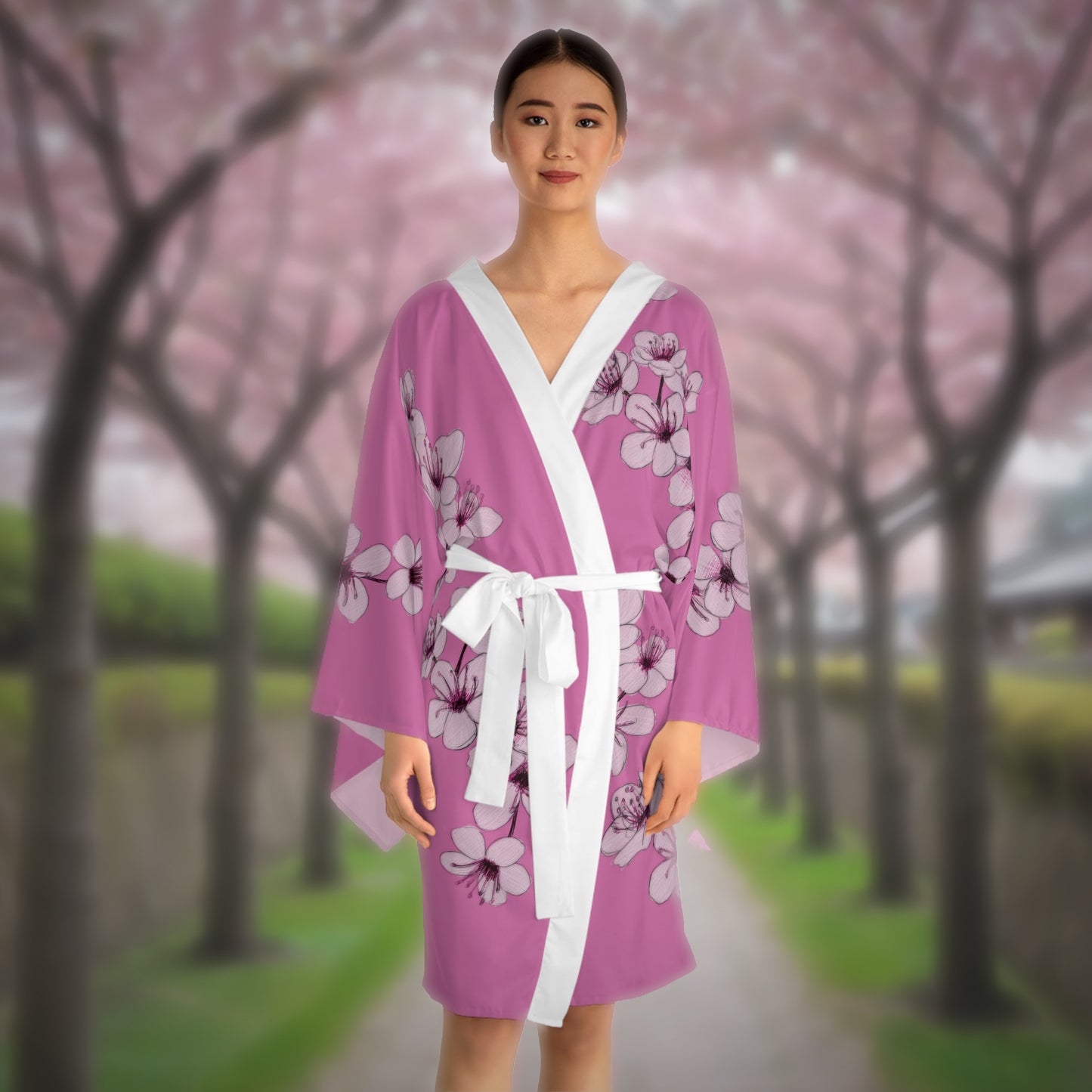 Cherry Blossom Pink Long Sleeve Kimono Robe (AOP)